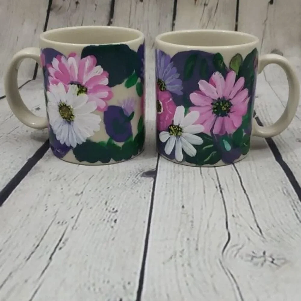Vintage Handpainted Watercolor Colorful Floral Set of 2 Coffee Mugs
